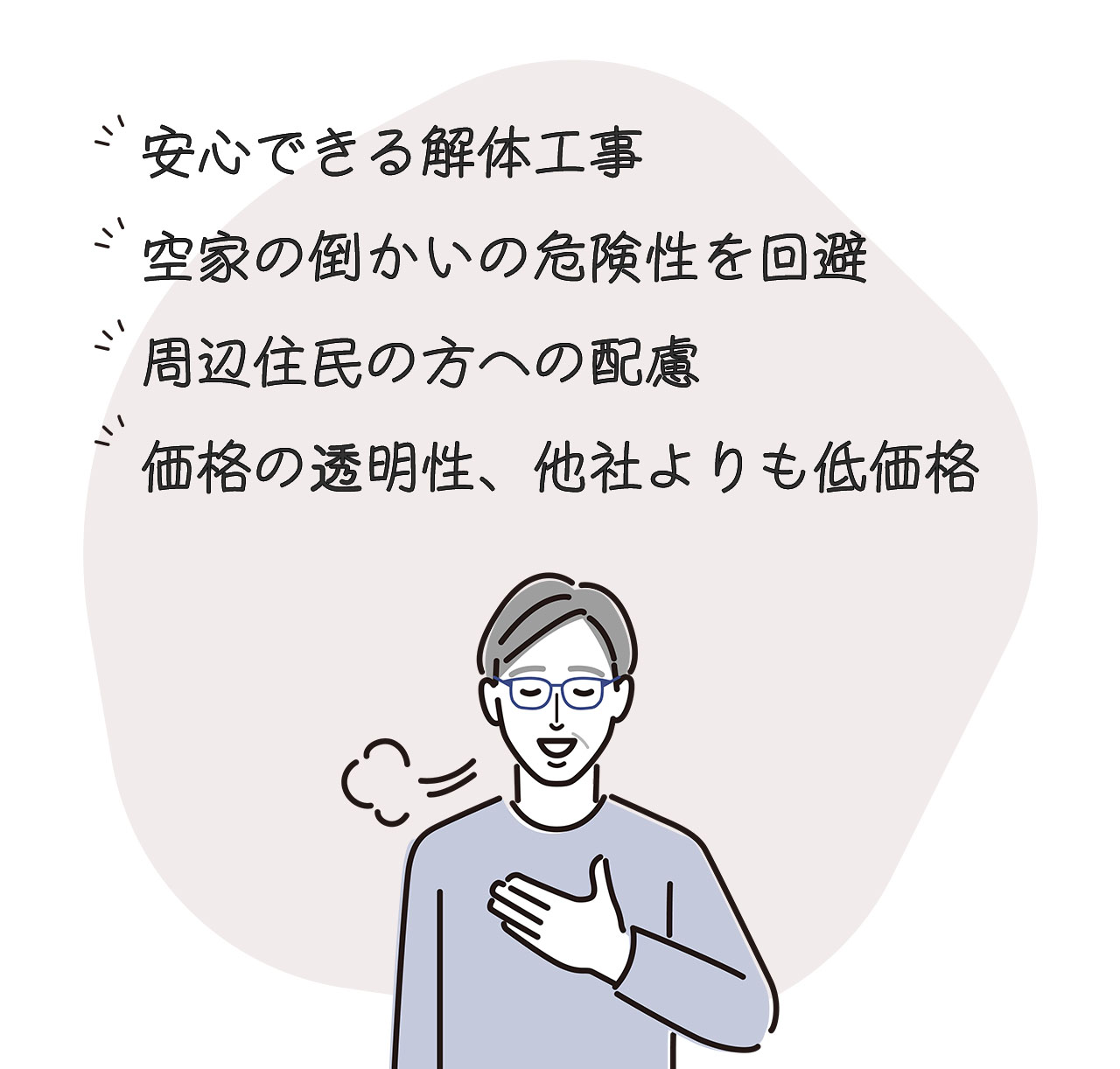 安心できる解体工事
空家の倒かいの危険性を回避
周辺住民の方への配慮
価格の透明性、他社よりも低価格
